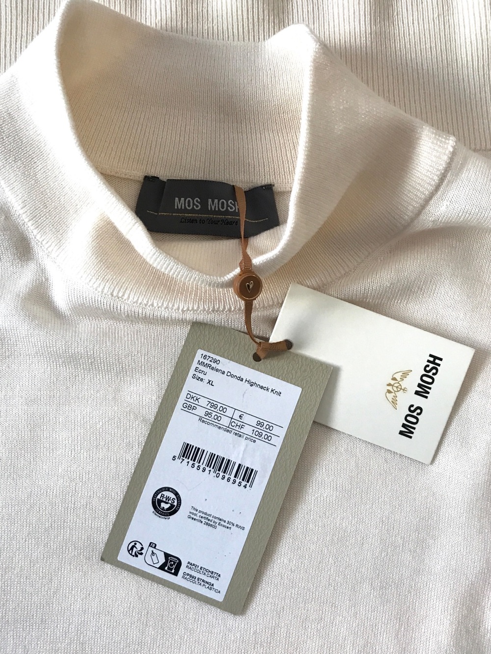 NWT Mos Mosh Relena Donya Knit High Neck Ecru Cream XL Acetate Wool Blend